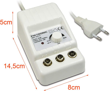 Metronic - 332177, amplificador de antena de TV interior para canales de TDT, compatible con 4G/5G, 26 dB, 2 salidas con toma de TV de 9,52 mm, blanco